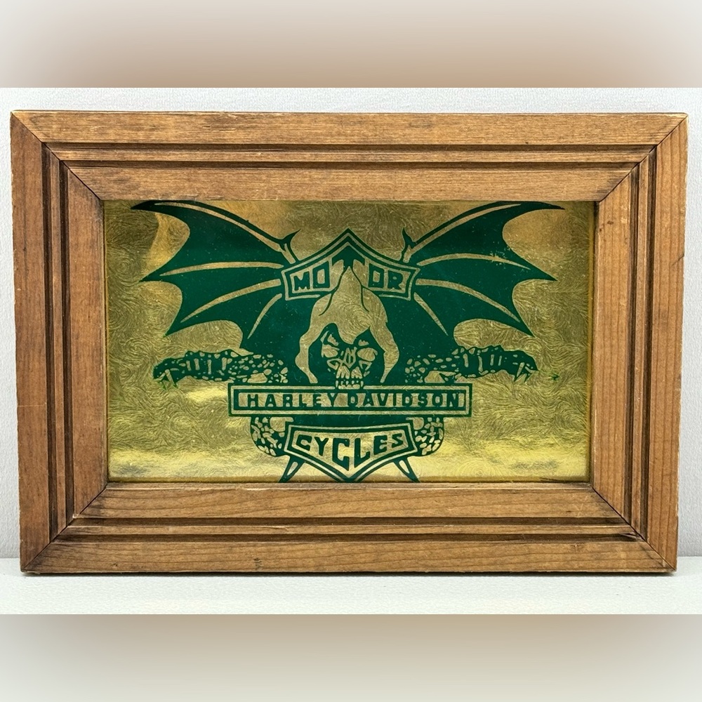Harley-Davidson Green and Gold Framed Foil Artwork Vintage Carnival